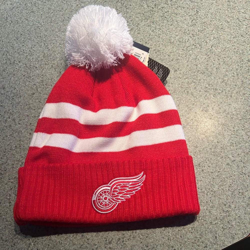 Red and White  Pom-Pom Beanie-Detroit Redwings. Adult size